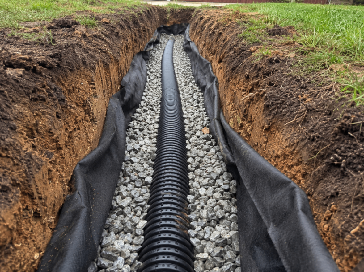 French drain pipe set in gravel inside a trench