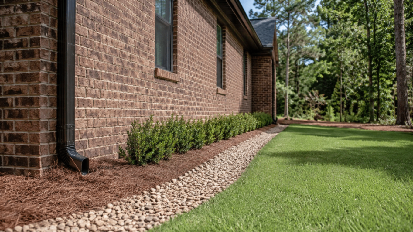 Finished drainage rock border carrying water away from the side of a brick home