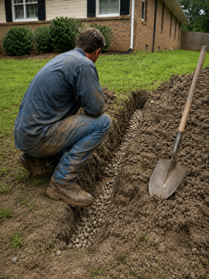Drainage installer beside a trench during a residential project